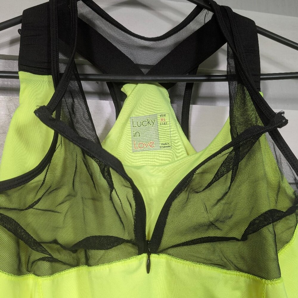 Lucky in Love Women's XL Built in Bra Tank Top Neon Yellow Tennis Mesh Zip black - Picture 2 of 10